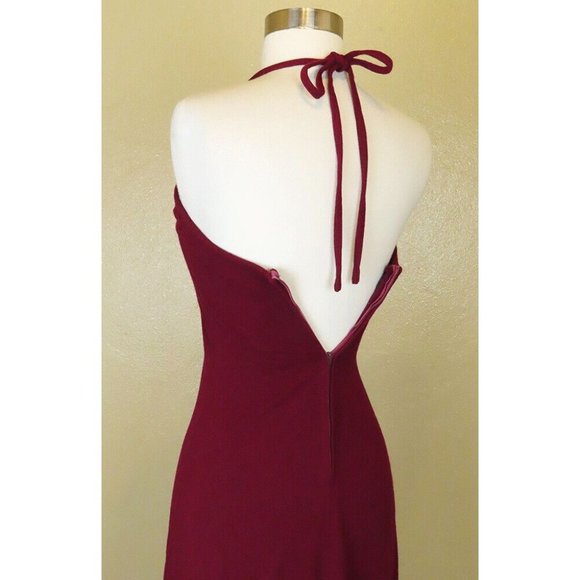 Vintage 70s Maroon Burgundy Red Rhinestone Rose Halter Prom Party Maxi Dress XXS - Picture 11 of 12